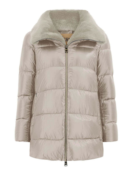 Woven Κοντό Γυναικείο Puffer Μπουφάν για Χειμώνα Μπεζ