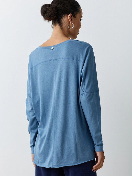 Women's Blouse Cotton Long Sleeve with V Neckline Blue
