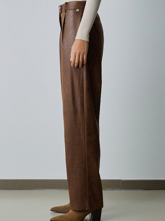 Damen Hoch tailliert Stoff Hose Braun