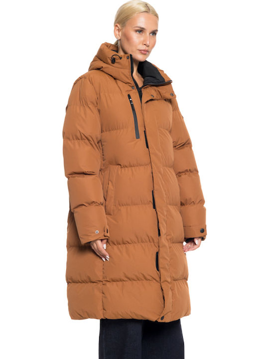 Women's Long Lifestyle Jacket for Winter with Hood Camel