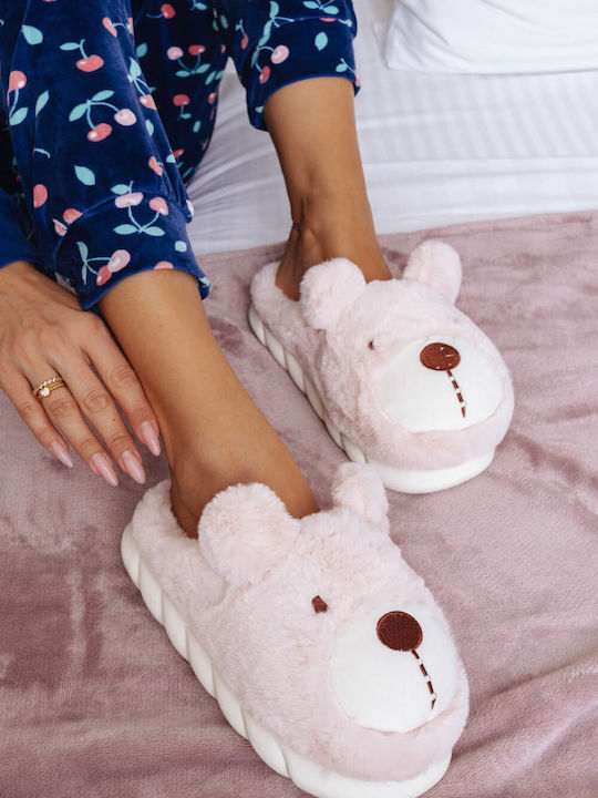 Pink Furry Bear Slippers