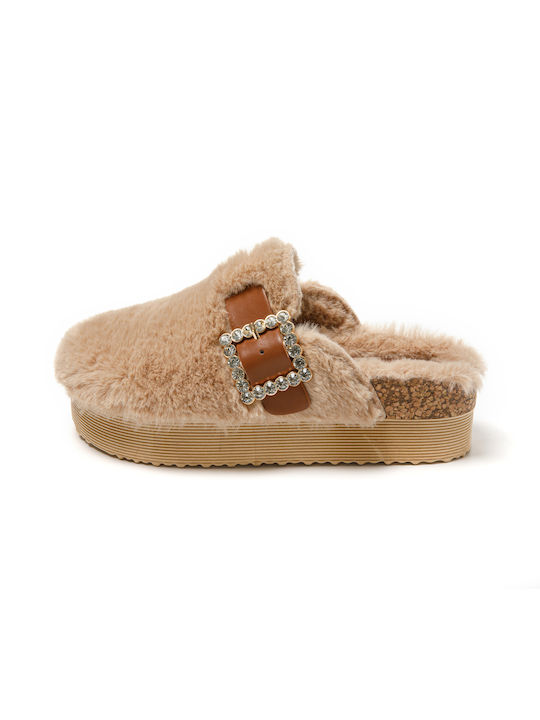 Jomix Winter Women's Slippers with fur in Beige color