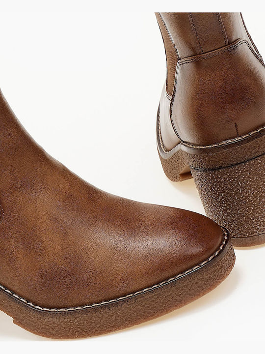 Synthetic Leather High Heel Women's Boots with Rubber Brown