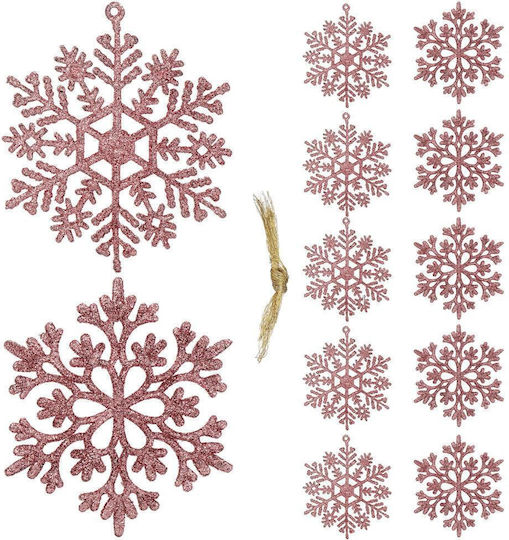 Ornament suspendat Fulgi de zăpadă Plastic Roz cu lumină LED Set 12buc