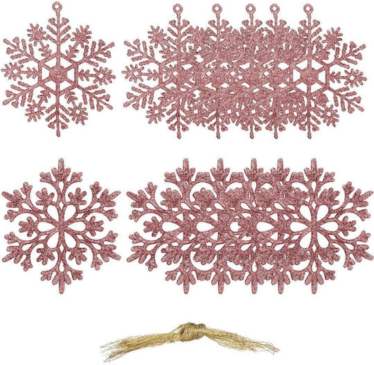 Ornament suspendat Fulgi de zăpadă Plastic Roz cu lumină LED Set 12buc