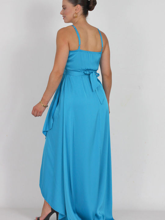 Love Me Apparel Maxi Evening Dress Satin with Slit Blue