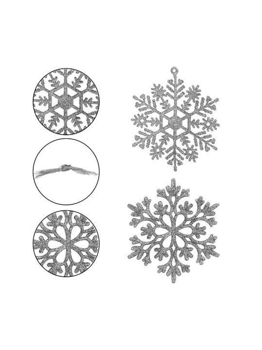 Hanging Snowflake Ornament Plastic Silver with Glitter 10cm Set 12pcs
