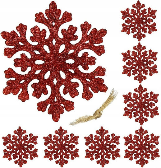 Hängendes Schneeflocke Ornament Kunststoff Rot mit Glitzer Set 8Stück