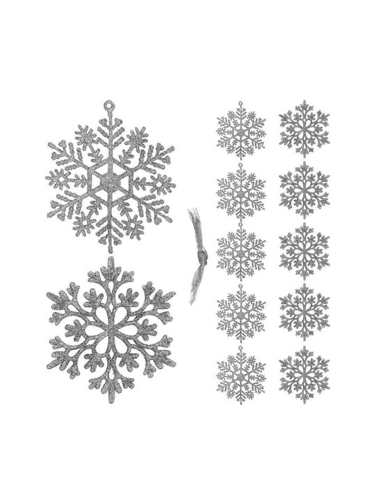 Hanging Snowflake Ornament Plastic Silver with Glitter 10cm Set 12pcs
