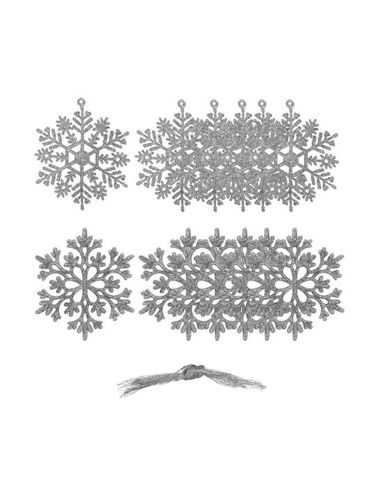 Hanging Snowflake Ornament Plastic Silver with Glitter 10cm Set 12pcs