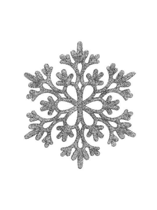 Hanging Snowflake Ornament Plastic Silver with Glitter 10cm Set 12pcs
