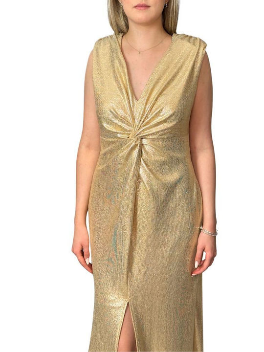 Personal Shoes Maxi Evening Dress with Slit Gold