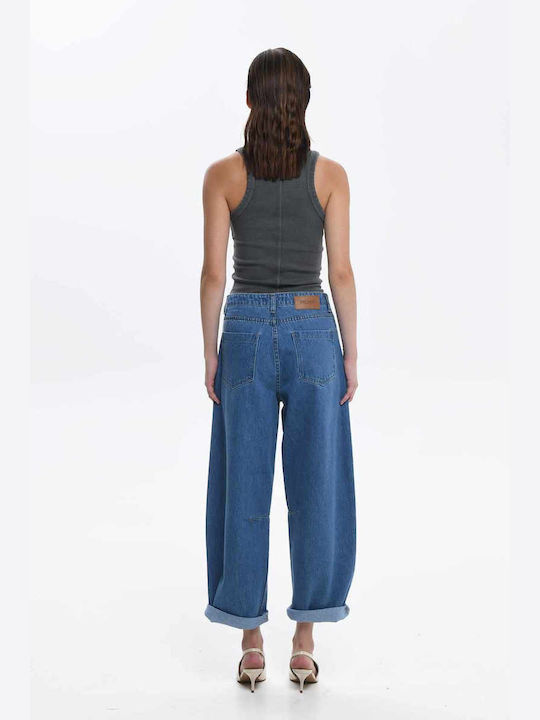 Sac & Co High Waist Women's Jean Trousers in Regular Fit Mid Blue