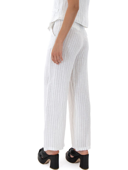 Damen Hoch tailliert Leinen Hose in Geradem Schnitt Gestreift WHITE- BLACK