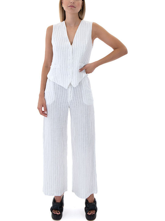 Damen Hoch tailliert Leinen Hose in Geradem Schnitt Gestreift WHITE- BLACK