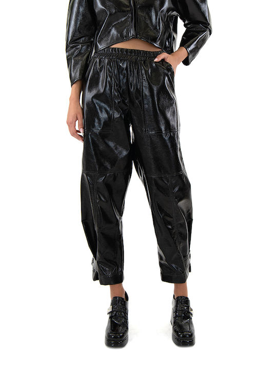 Black n Black Women's High-waisted Leather Trousers with Elastic in Relaxed Fit Black