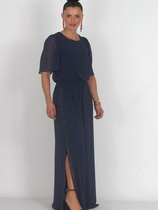 Epwnymo Maxi Evening Dress Wrap with Slit Navy Blue