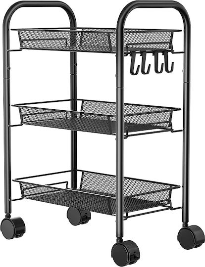 Metallic Kitchen Cart Shelf 3 Shelves 4 Hooks Black 44x26x64cm