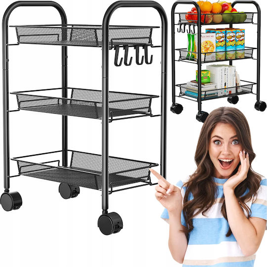 Metallic Kitchen Cart Shelf 3 Shelves 4 Hooks Black 44x26x64cm