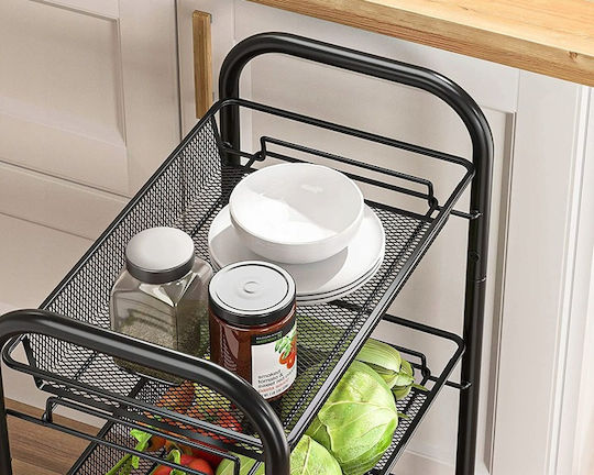 Metallic Kitchen Cart Shelf 3 Shelves 4 Hooks Black 44x26x64cm