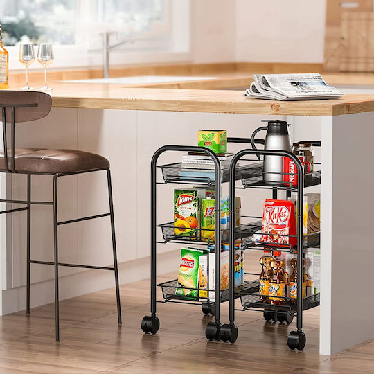Metallic Kitchen Cart Shelf 3 Shelves 4 Hooks Black 44x26x64cm