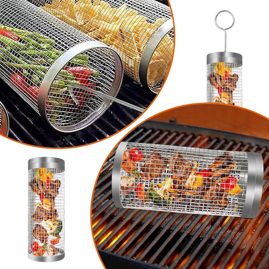 Cylindrical Barbecue Basket Zola Stainless Steel Very High Temperature Resistant 30x9.5 Cm Silver