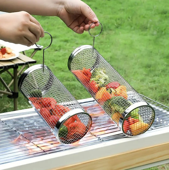 Cylindrical Barbecue Basket Zola Stainless Steel Very High Temperature Resistant 30x9.5 Cm Silver