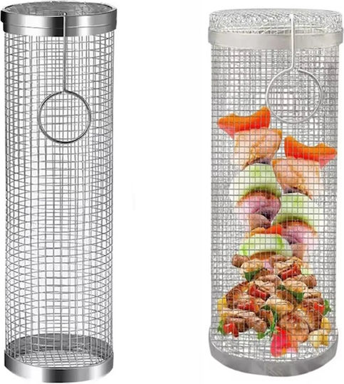 Cylindrical Barbecue Basket Zola Stainless Steel Very High Temperature Resistant 30x9.5 Cm Silver