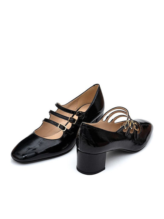 Leder Pumps mit Riemchen & flacher Absatz Schwarz