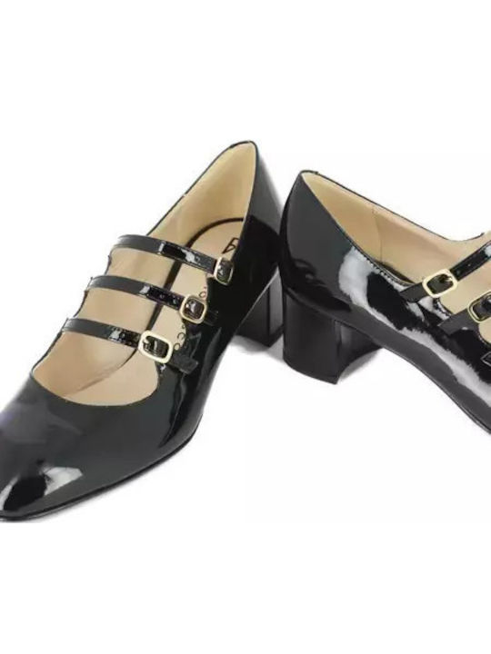 Leder Pumps mit Riemchen & flacher Absatz Schwarz