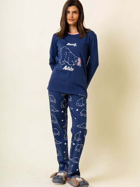 Happy Family Winter Women's Pyjama Set Cotton Blue