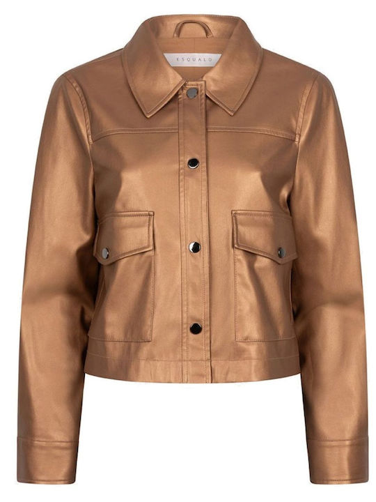 Esqualo Women's Short Biker Artificial Leather Jacket for Winter BRONZE