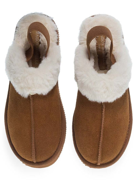 Parex Leather Winter Women's Slippers in Brown color