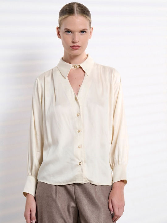 Matis Fashion Langärmelig Damen Satin Hemd Beige Monochrom