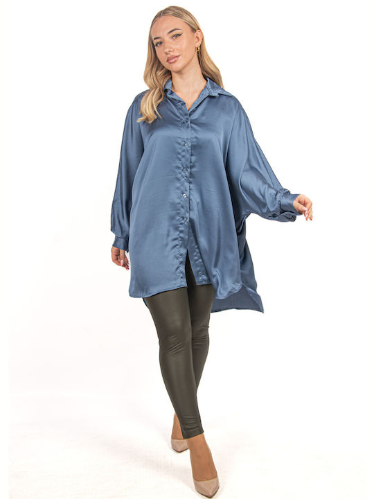 Ellen Women's Satin Long Sleeve Shirt Blue