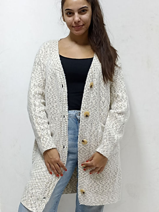 Long Women's Knitted Cardigan with Buttons Yellow-White