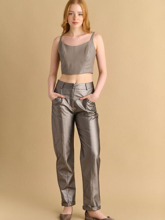 Γυναικείο Crop Top Δερμάτινο Animal Print Taupe, Καφέ