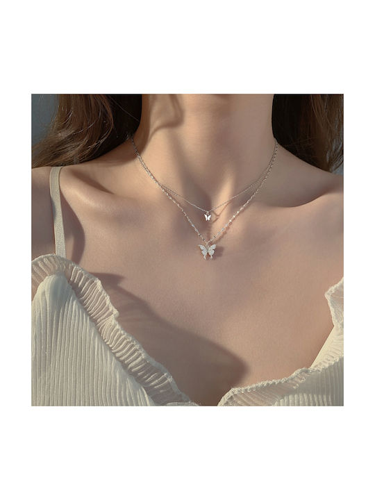 By Queen Necklace Double with design Butterfly from Silver with Zircon