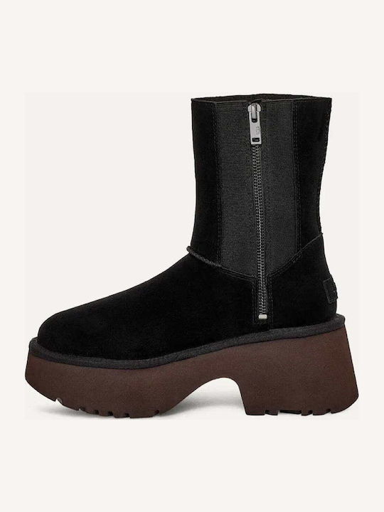Classic Twin Seam New Heights Suede Women's Ankle Boots with Medium Heel Black