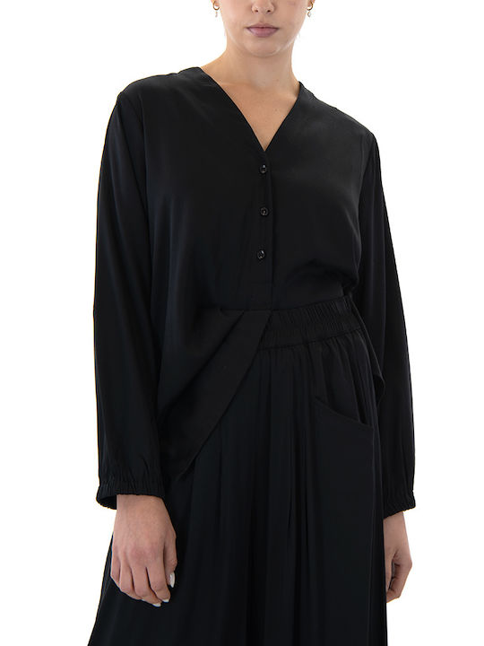 Black n Black Women's Blouse Long Sleeve with V Neckline Black