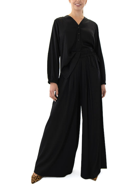 Damen Hoch tailliert Stoff Hose Schwarz