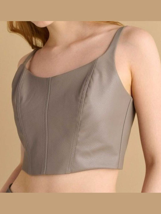 Γυναικείο Crop Top Δερμάτινο Animal Print Taupe, Καφέ