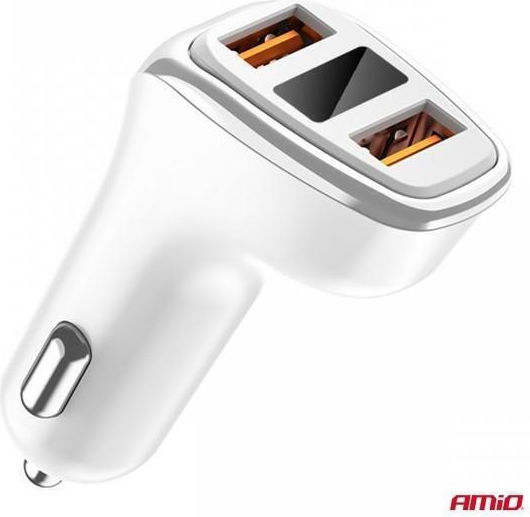 AMiO Car Charger 15.5W 3.1A with Ports: 2xUSB with Cable Embedded and Voltmeter White Color