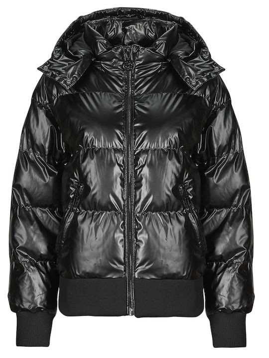 Women's Short Puffer Jacket for Winter with Hood Metallic