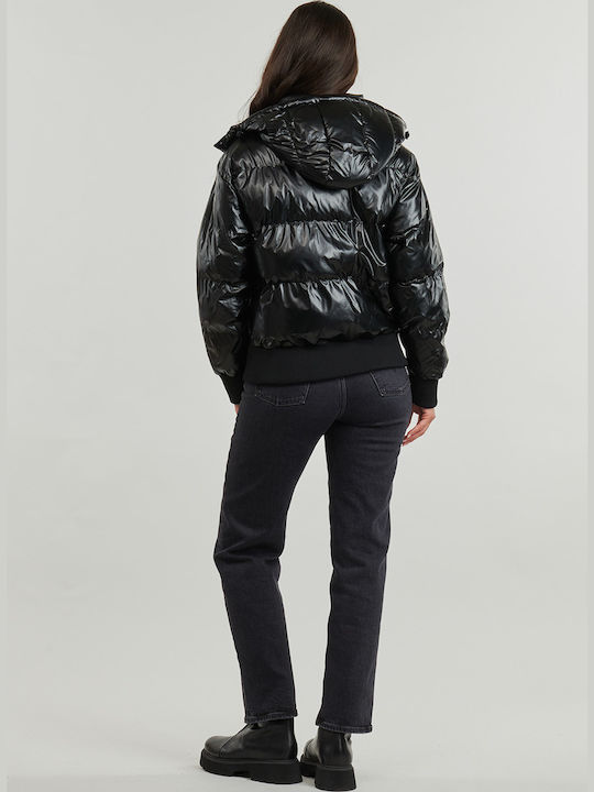 Women's Short Puffer Jacket for Winter with Hood Metallic