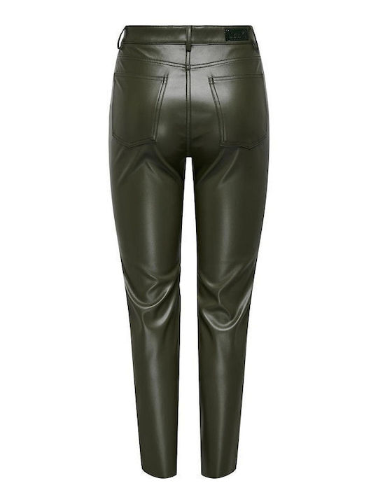 Only Women's High-waisted Leather Trousers in Slim Fit Khaki