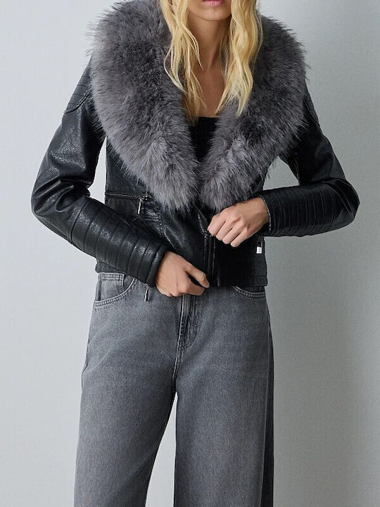 Γυναικείο Biker Jacket με Επένδυση Γούνας Μαύρο