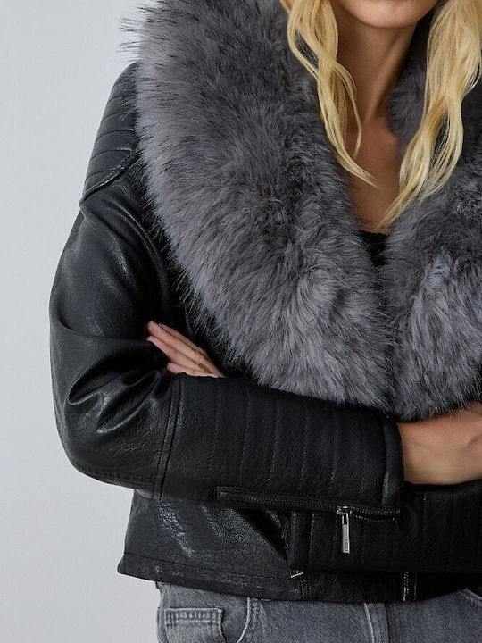 Γυναικείο Biker Jacket με Επένδυση Γούνας Μαύρο
