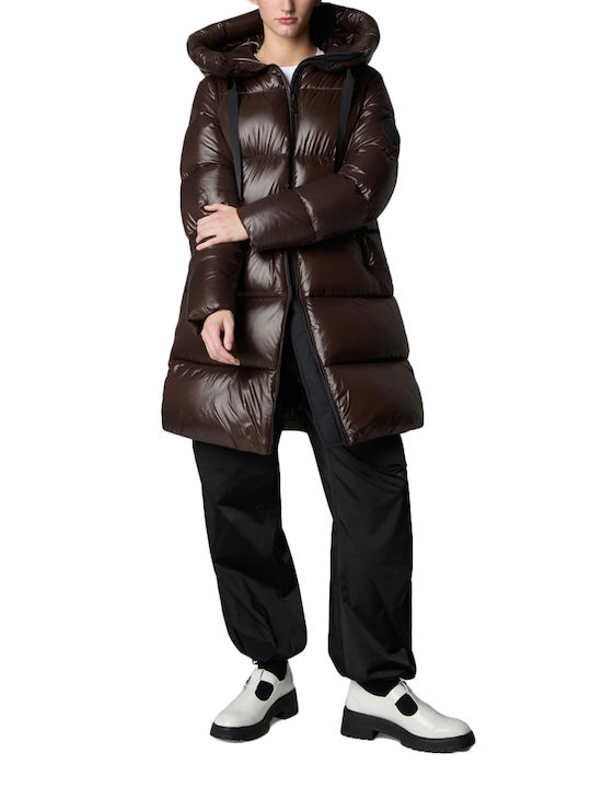 Save The Duck Women's Long Puffer Jacket for Winter Brown