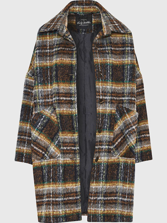 Wool Women's Checked Brown Coat Oversized with Buttons